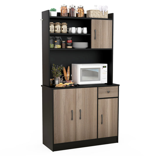 Freestanding Kitchen Pantry Cabinet with Hutch, 4 Doors and Adjustable Shelves - Black
