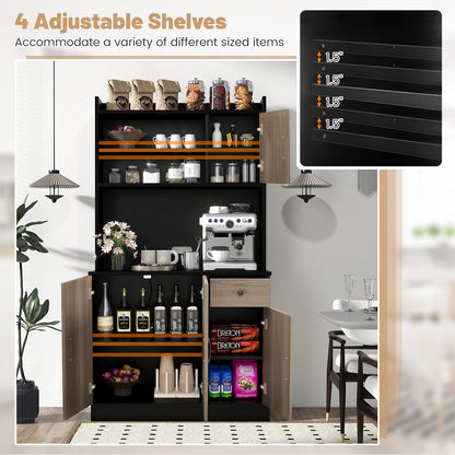 Freestanding Kitchen Pantry Cabinet with Hutch, 4 Doors and Adjustable Shelves - Black