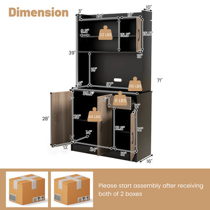 Freestanding Kitchen Pantry Cabinet with Hutch, 4 Doors and Adjustable Shelves - Black