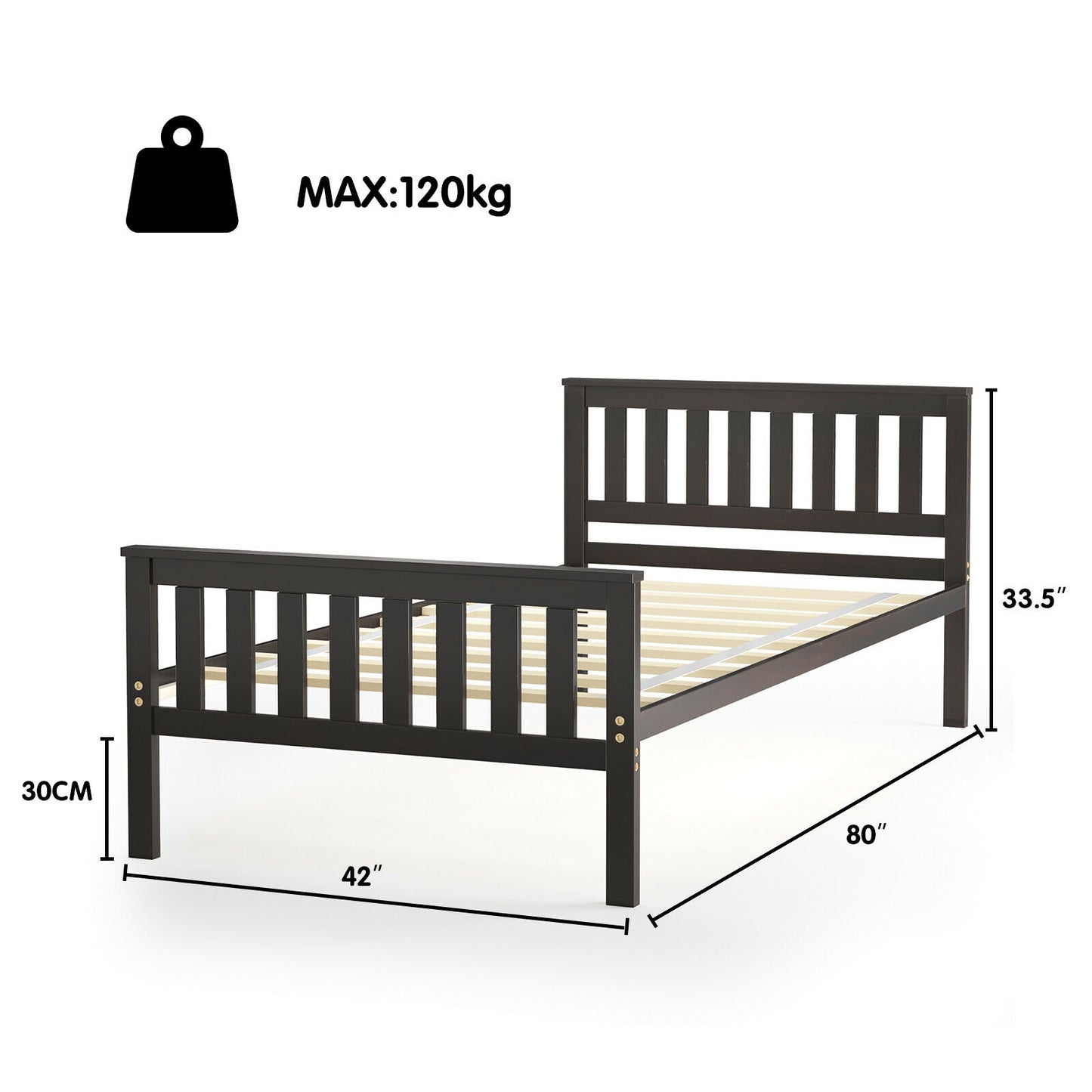 Wood Platform Bed with Headboard - Twin Size