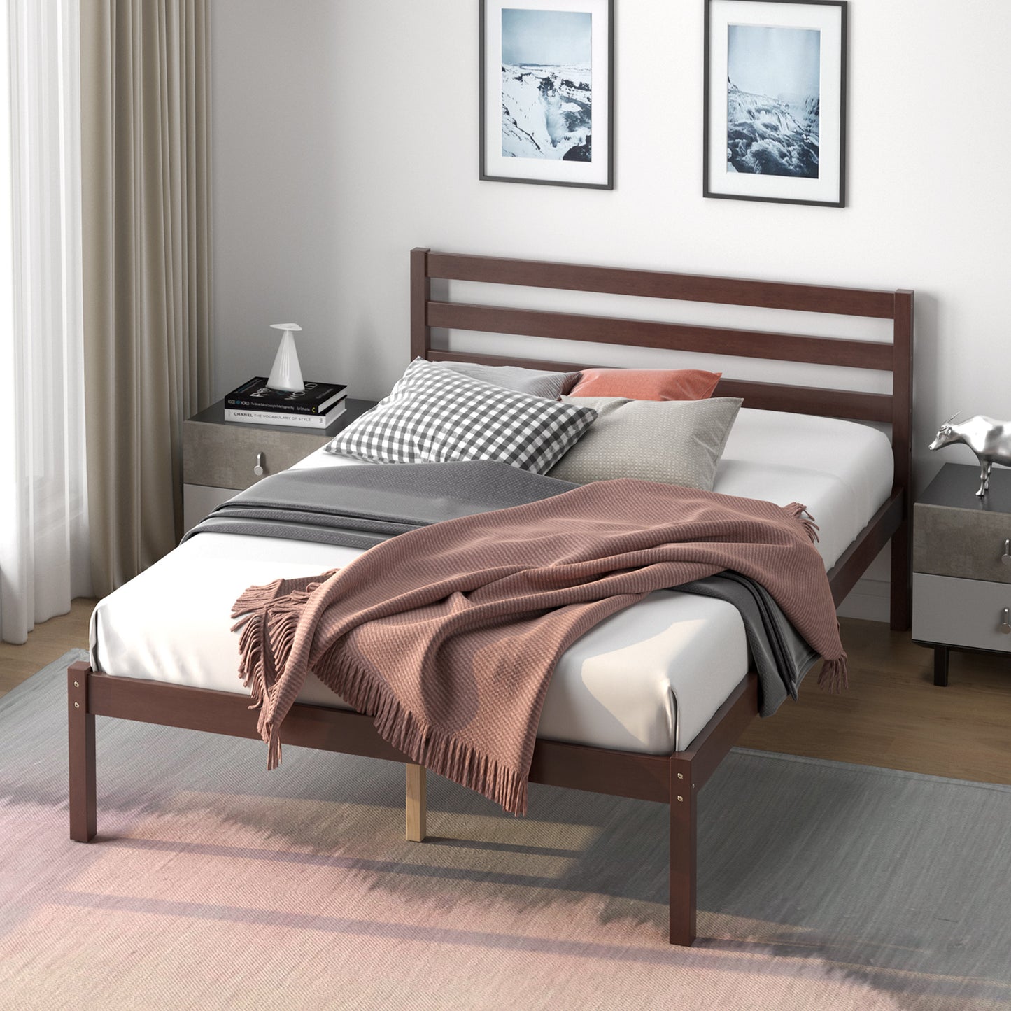 Stylish Wooden Bed Frame with Headboard and Plywood Slat Support - Twin Size