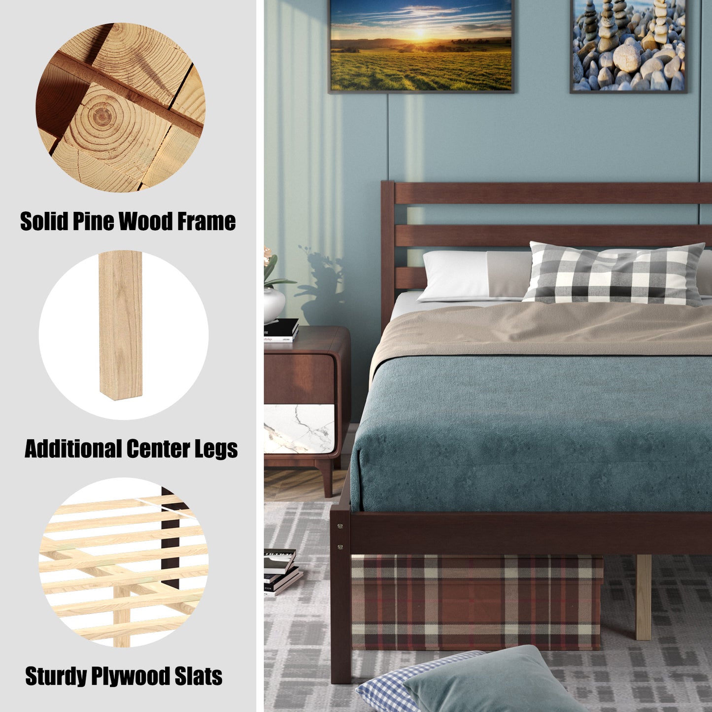 Stylish Wooden Bed Frame with Headboard and Plywood Slat Support - Twin Size