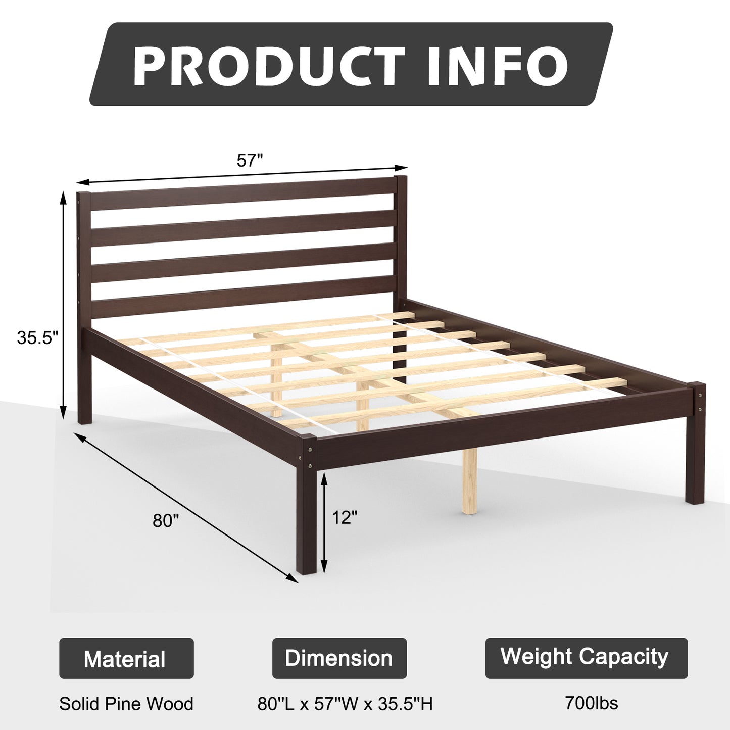 Stylish Wooden Bed Frame with Headboard and Plywood Slat Support - Twin Size