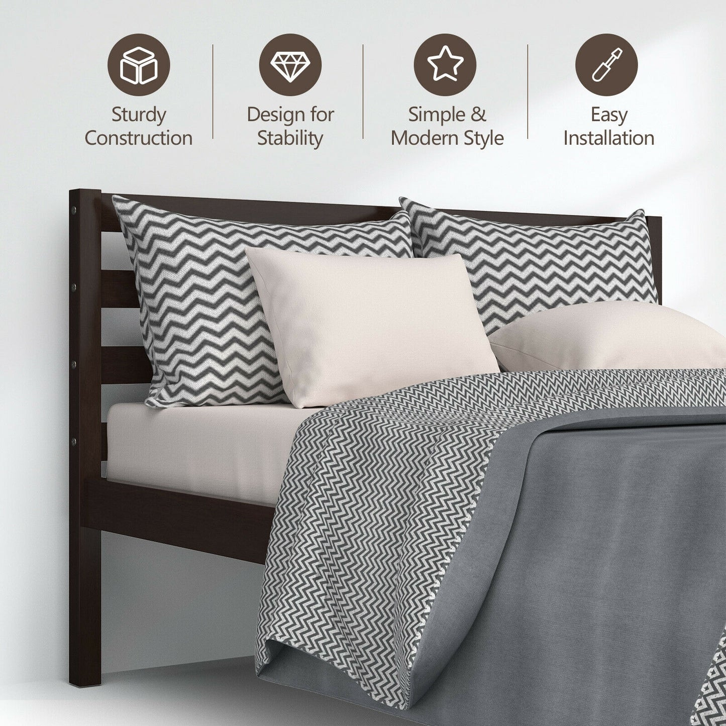Stylish Wooden Bed Frame with Headboard and Plywood Slat Support - Twin Size