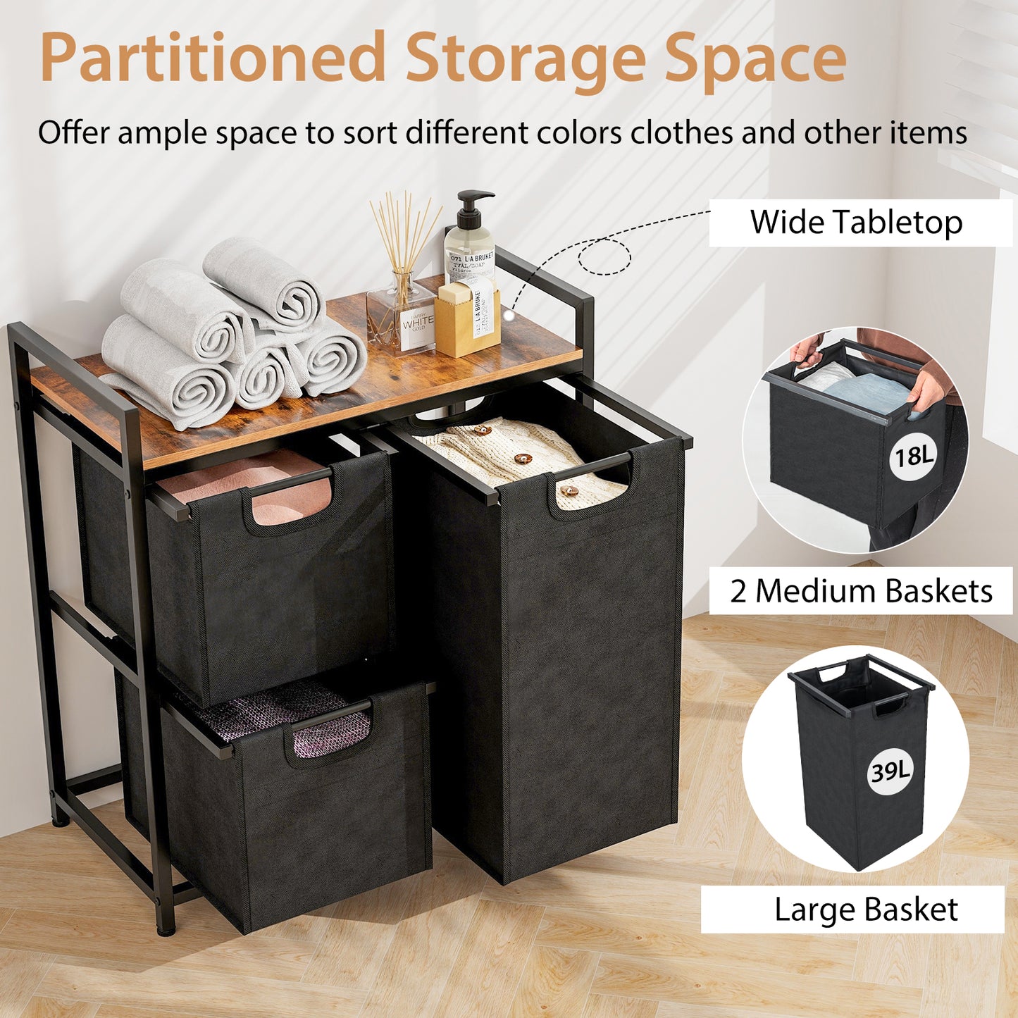 Freestanding Laundry Hamper with 3 Removable Bags and Storage Shelf