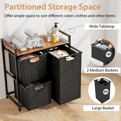 Freestanding Laundry Hamper with 3 Removable Bags and Storage Shelf