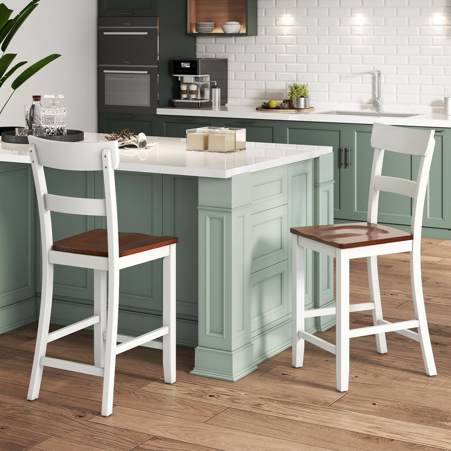Farmhouse Dining Bar Stool Set of 2 with Solid Rubber Wood Frame - White