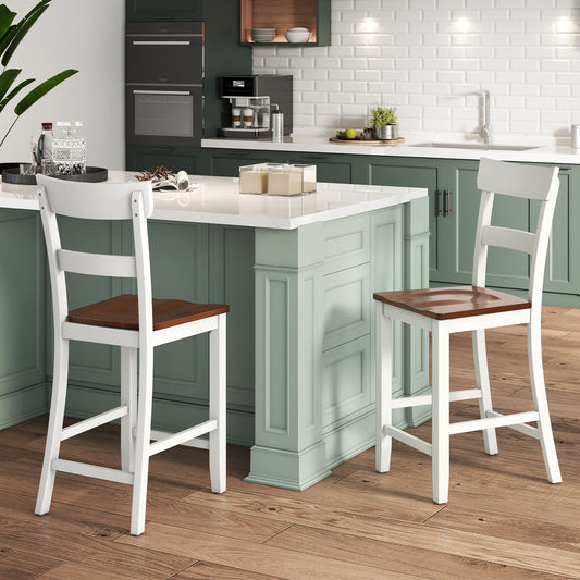Farmhouse Dining Bar Stool Set of 2 with Solid Rubber Wood Frame - White