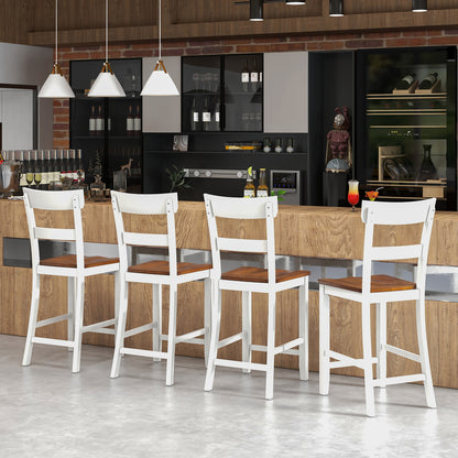 Farmhouse Dining Bar Stool Set of 2 with Solid Rubber Wood Frame - White