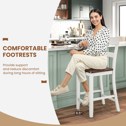 Farmhouse Dining Bar Stool Set of 2 with Solid Rubber Wood Frame - White