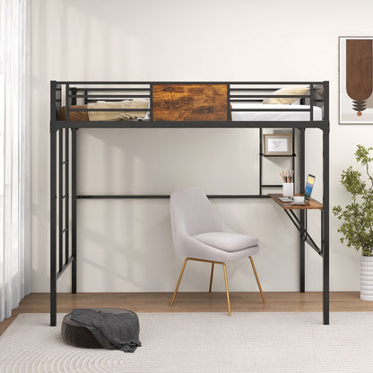 Space-Saving Twin Metal Loft Bed with Desk, Storage Shelf, and Built-In Ladder - Twin Size
