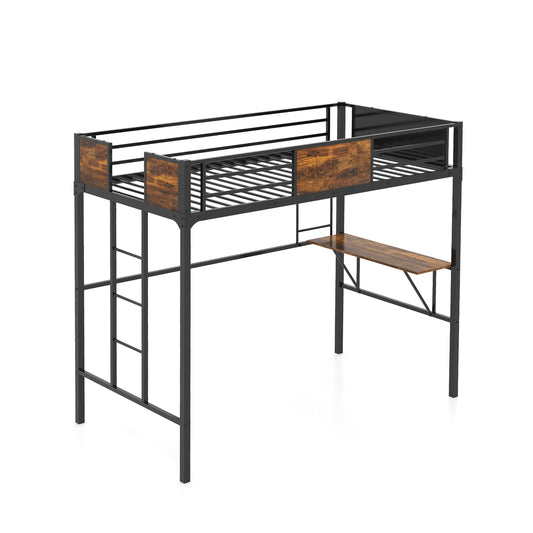 Space-Saving Twin Metal Loft Bed with Desk, Storage Shelf, and Built-In Ladder - Twin Size