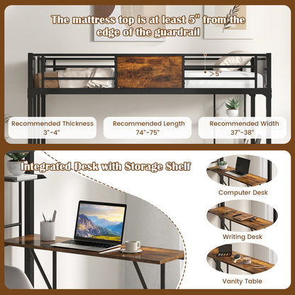 Space-Saving Twin Metal Loft Bed with Desk, Storage Shelf, and Built-In Ladder - Twin Size