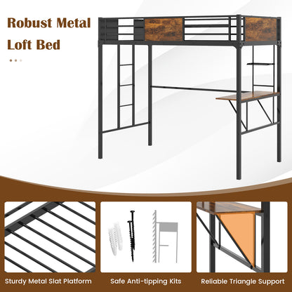 Space-Saving Twin Metal Loft Bed with Desk, Storage Shelf, and Built-In Ladder - Twin Size