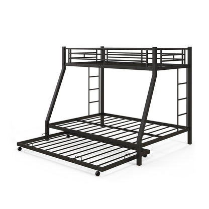 Modern Twin Over Full Bunk Bed with Trundle for Bedrooms and Guest Rooms - Black