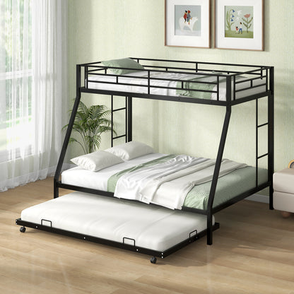 Modern Twin Over Full Bunk Bed with Trundle for Bedrooms and Guest Rooms - Black