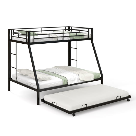 Modern Twin Over Full Bunk Bed with Trundle for Bedrooms and Guest Rooms - Black