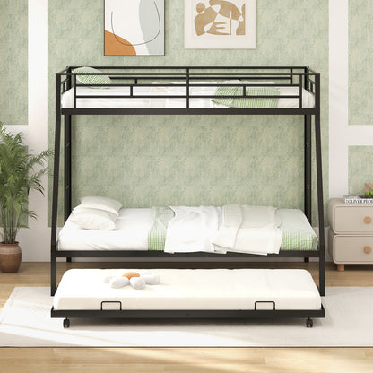 Modern Twin Over Full Bunk Bed with Trundle for Bedrooms and Guest Rooms - Black