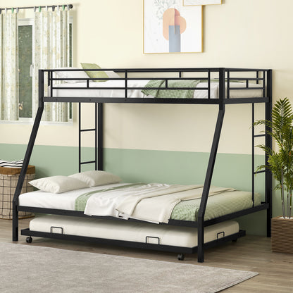 Modern Twin Over Full Bunk Bed with Trundle for Bedrooms and Guest Rooms - Black