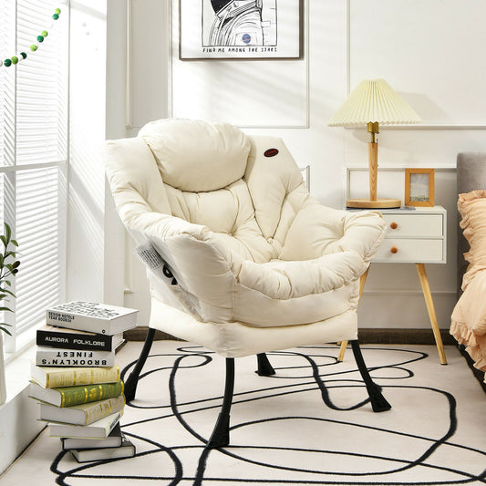 Cozy Accent Lazy Chair with Steel Frame and Armrest Pocket, Beige