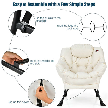Cozy Accent Lazy Chair with Steel Frame and Armrest Pocket, Beige