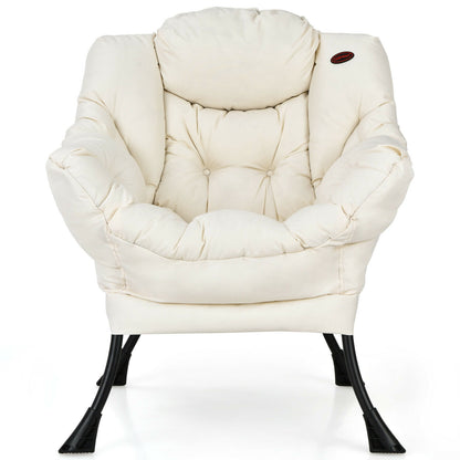 Cozy Accent Lazy Chair with Steel Frame and Armrest Pocket, Beige