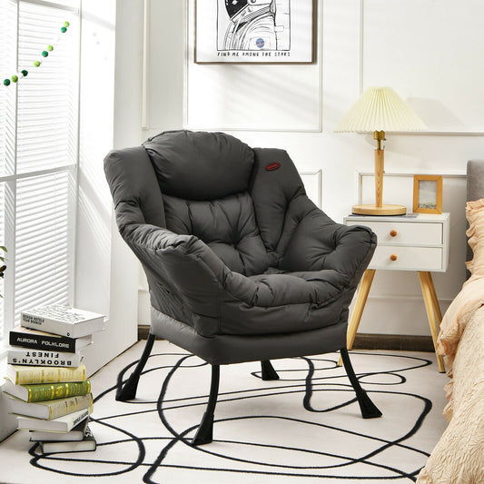 Cozy Accent Lazy Chair with Steel Frame and Armrest Pocket, Grey