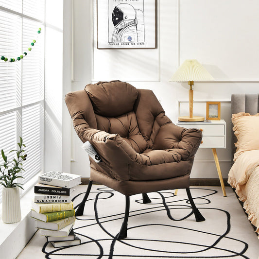 Cozy Accent Lazy Chair with Steel Frame and Armrest Pocket, Brown