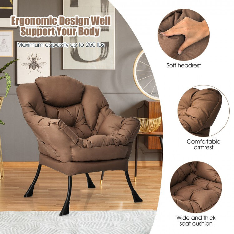 Cozy Accent Lazy Chair with Steel Frame and Armrest Pocket, Brown