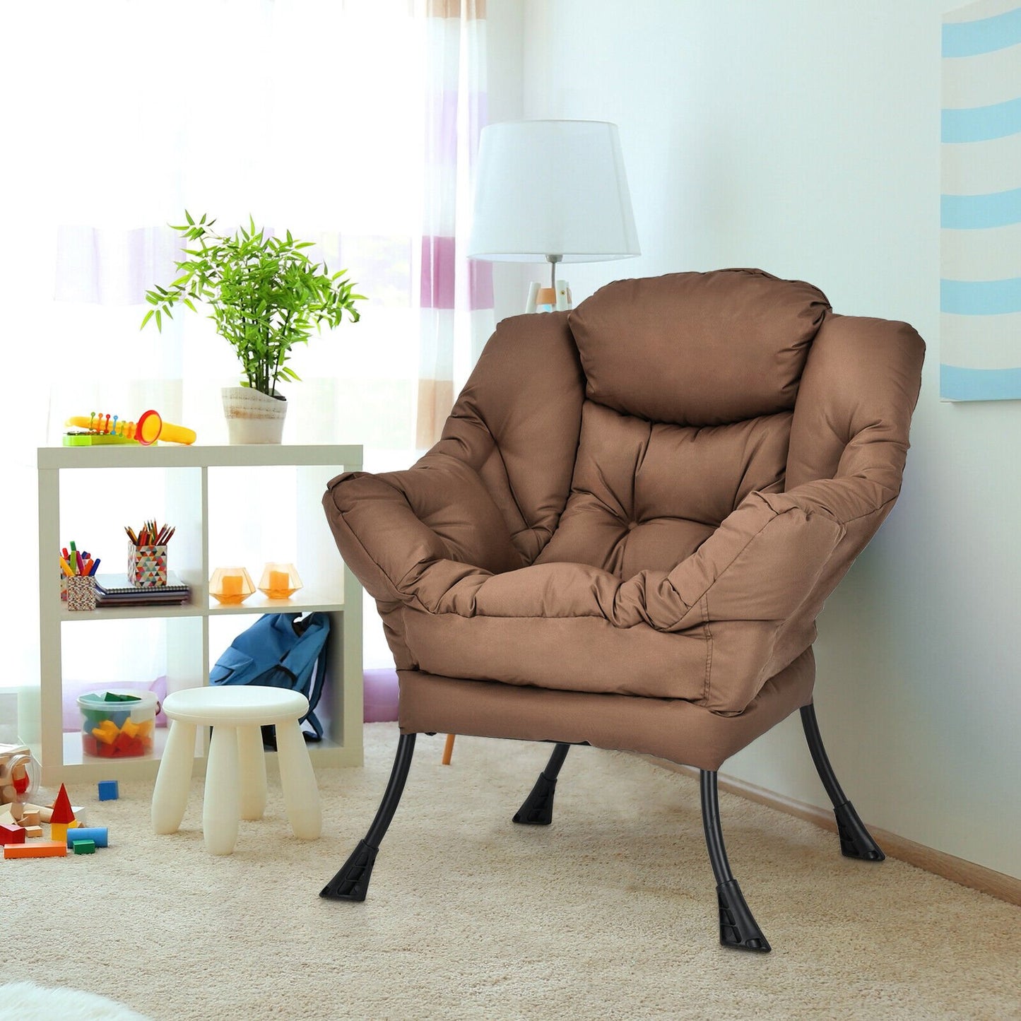 Cozy Accent Lazy Chair with Steel Frame and Armrest Pocket, Brown