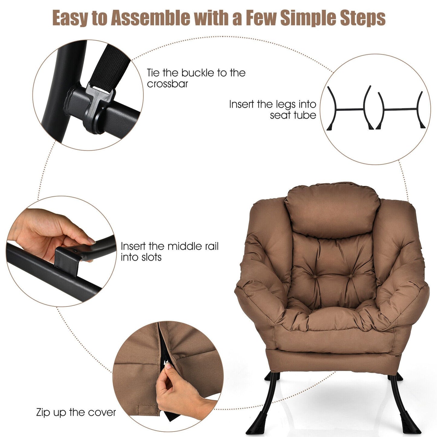 Cozy Accent Lazy Chair with Steel Frame and Armrest Pocket, Brown