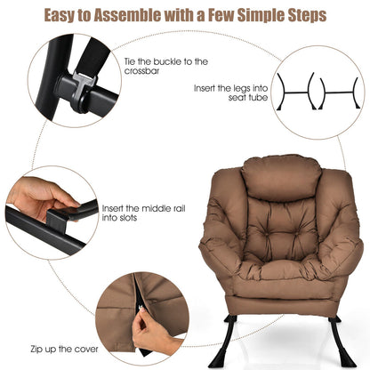 Cozy Accent Lazy Chair with Steel Frame and Armrest Pocket, Brown