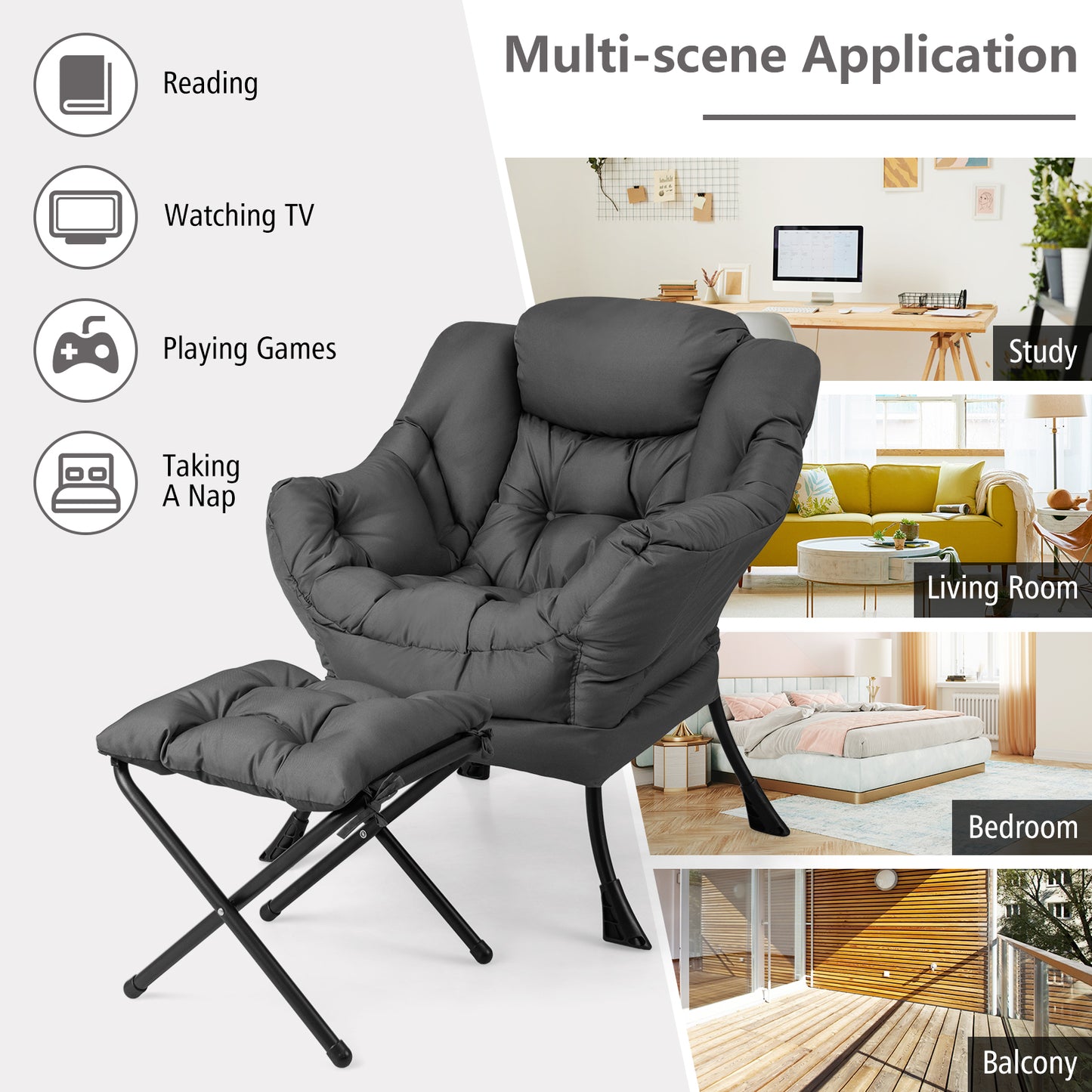 Comfortable Sofa Chair with Footrest and Convenient Side Pocket - Grey