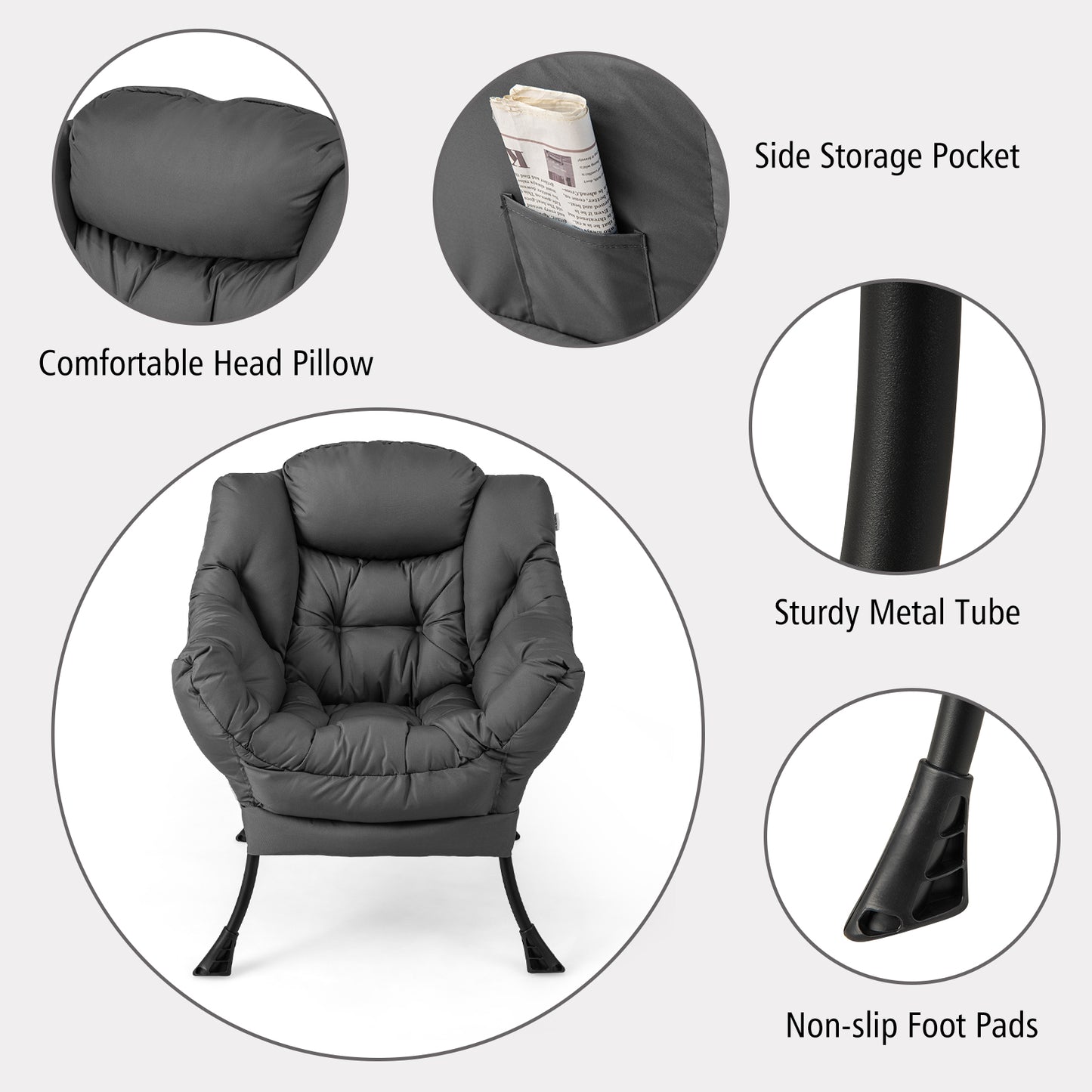Comfortable Sofa Chair with Footrest and Convenient Side Pocket - Grey