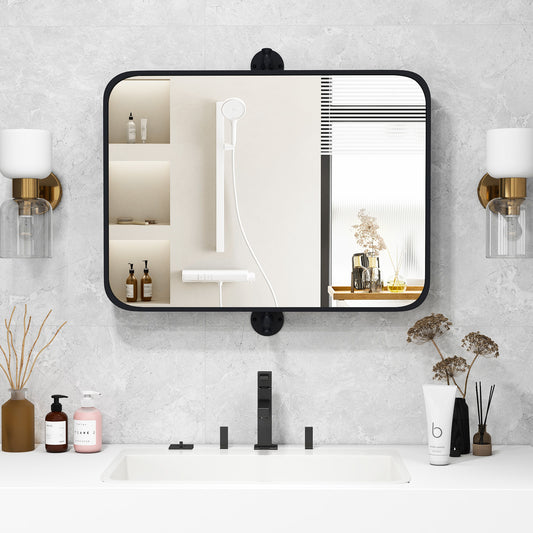 30 x 22 Inch Black Metal Pivot Wall Mirror with Shatterproof Glass