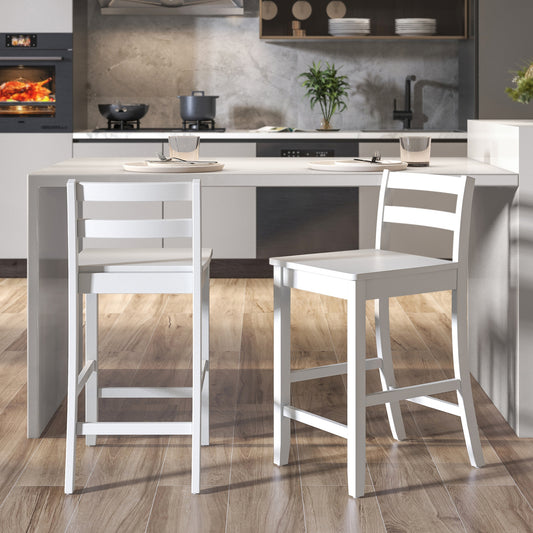 Set of 2 Wooden Bar Stools with Curved Backrest and Footrest in White Finish