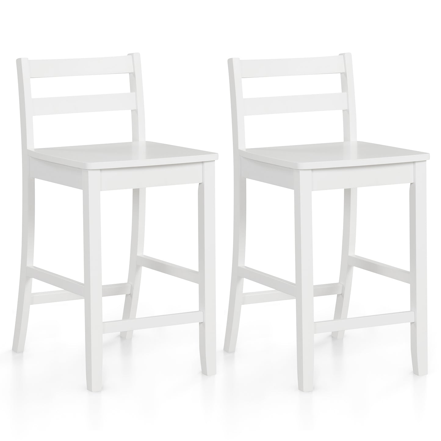 Set of 2 Wooden Bar Stools with Curved Backrest and Footrest in White Finish