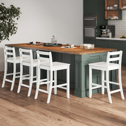 Set of 2 Wooden Bar Stools with Curved Backrest and Footrest in White Finish