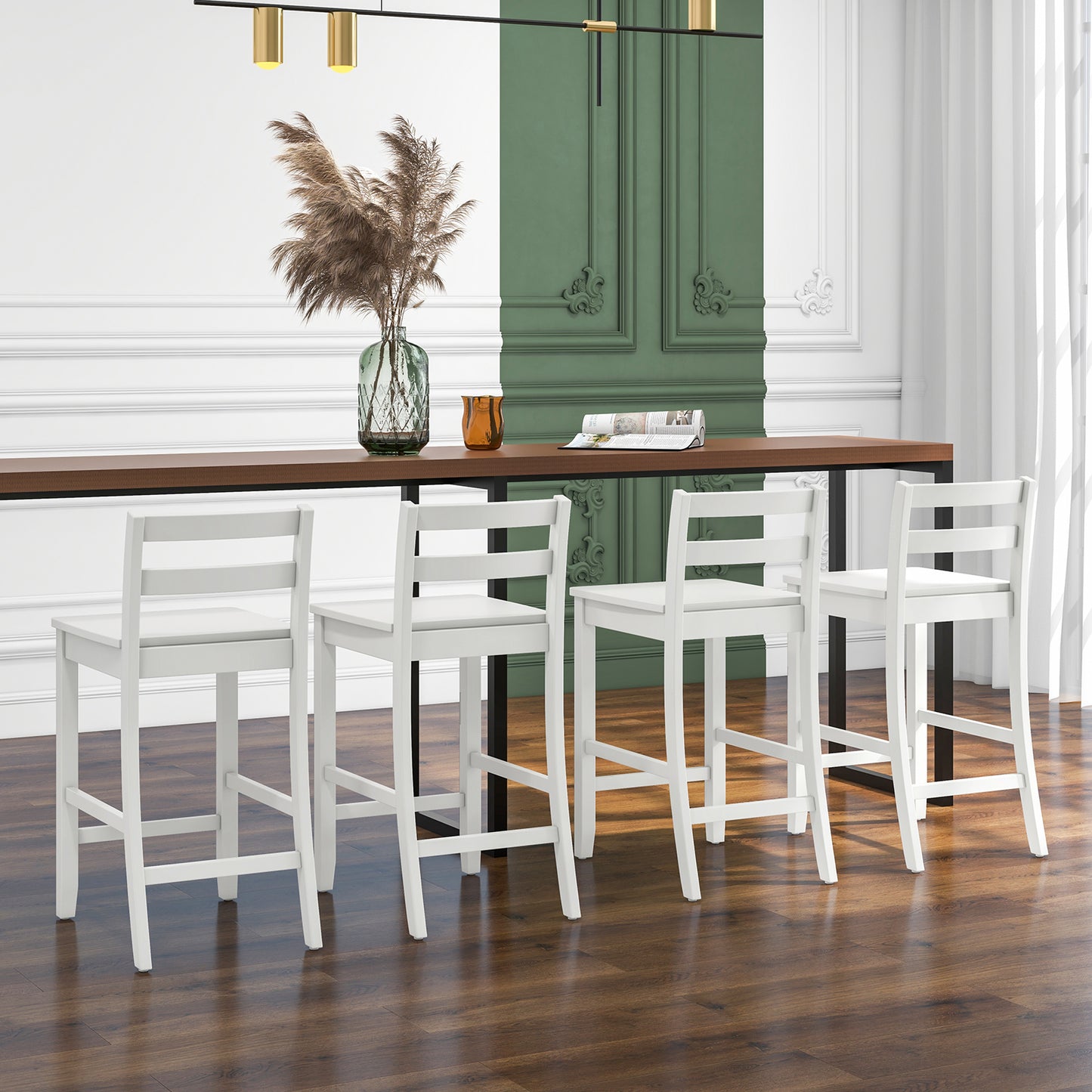 Set of 2 Wooden Bar Stools with Curved Backrest and Footrest in White Finish