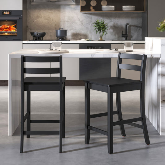 Set of 2 Wooden Bar Stools with Curved Backrest and Footrest in Black Finish