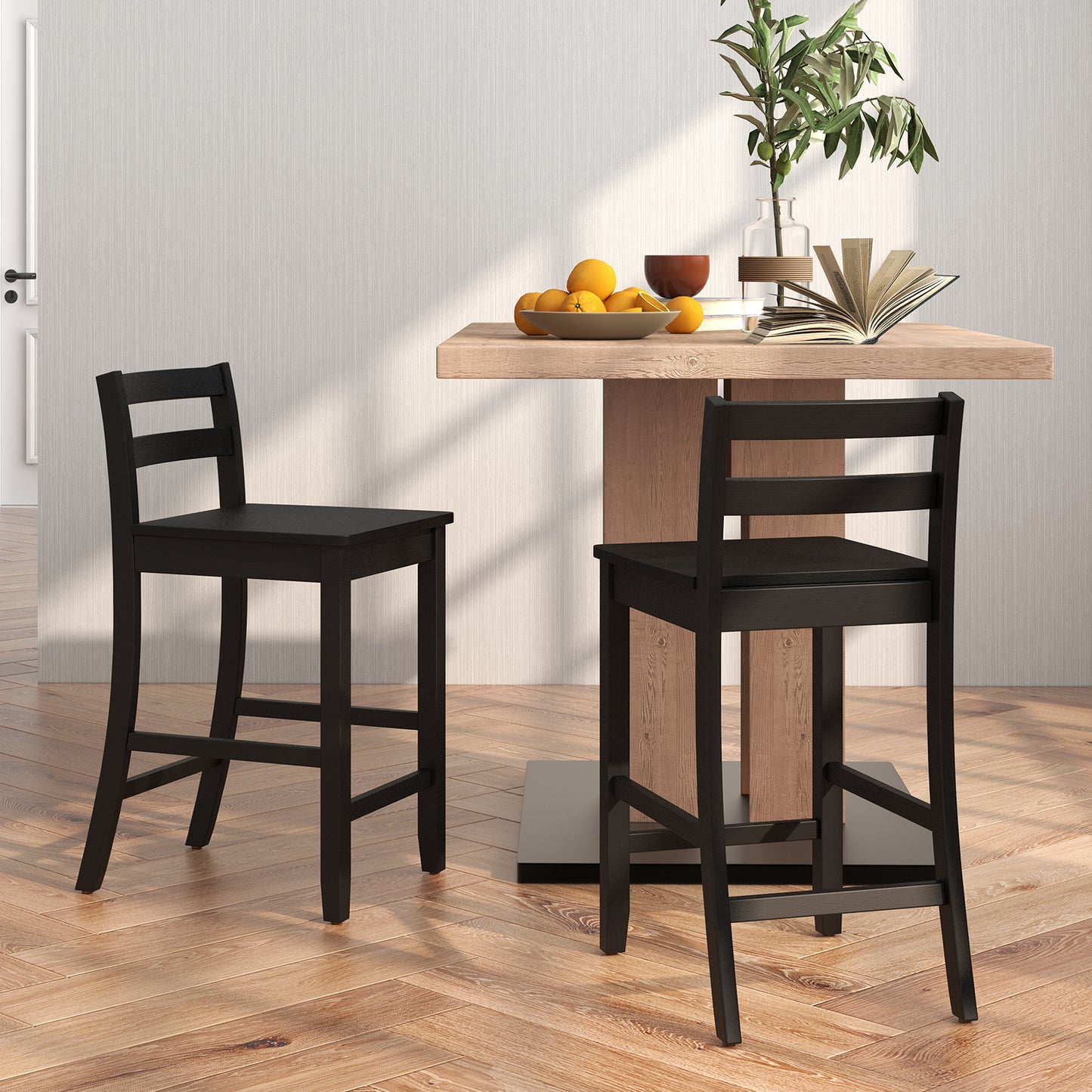 Set of 2 Wooden Bar Stools with Curved Backrest and Footrest in Black Finish
