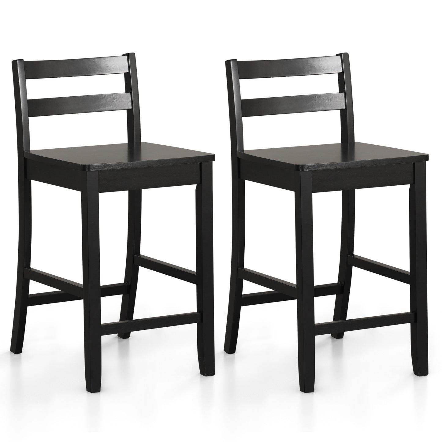 Set of 2 Wooden Bar Stools with Curved Backrest and Footrest in Black Finish