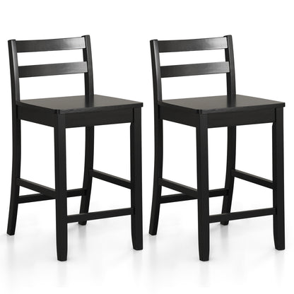 Set of 2 Wooden Bar Stools with Curved Backrest and Footrest in Black Finish