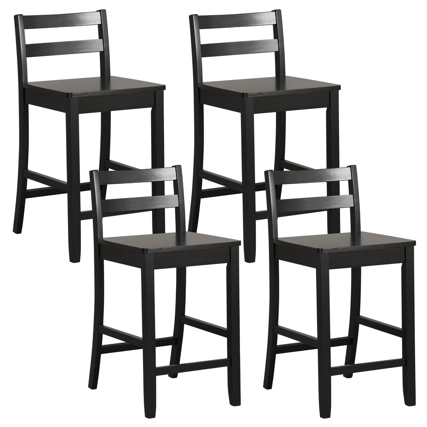 Set of 2 Wooden Bar Stools with Curved Backrest and Footrest in Black Finish
