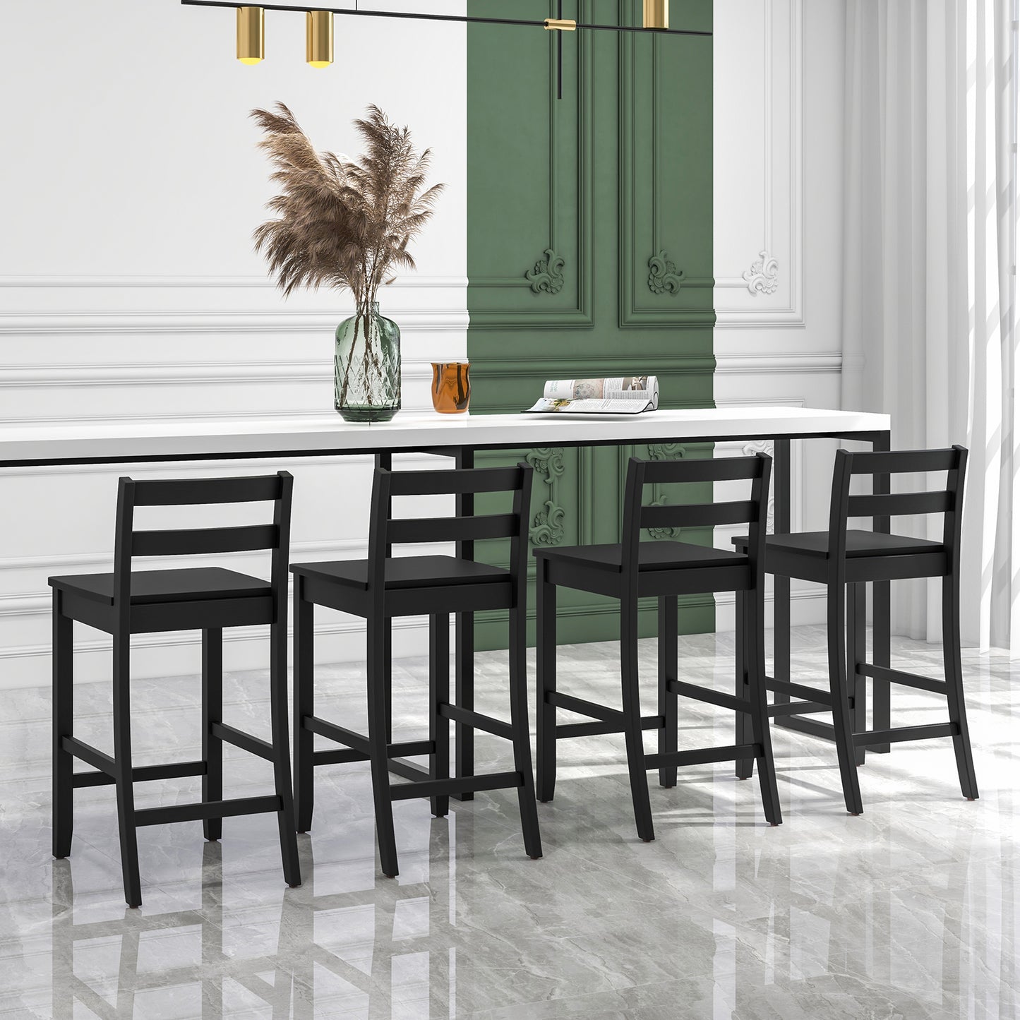 Set of 2 Wooden Bar Stools with Curved Backrest and Footrest in Black Finish