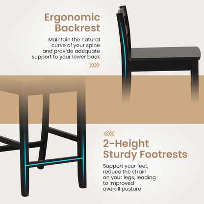 Set of 2 Wooden Bar Stools with Curved Backrest and Footrest in Black Finish