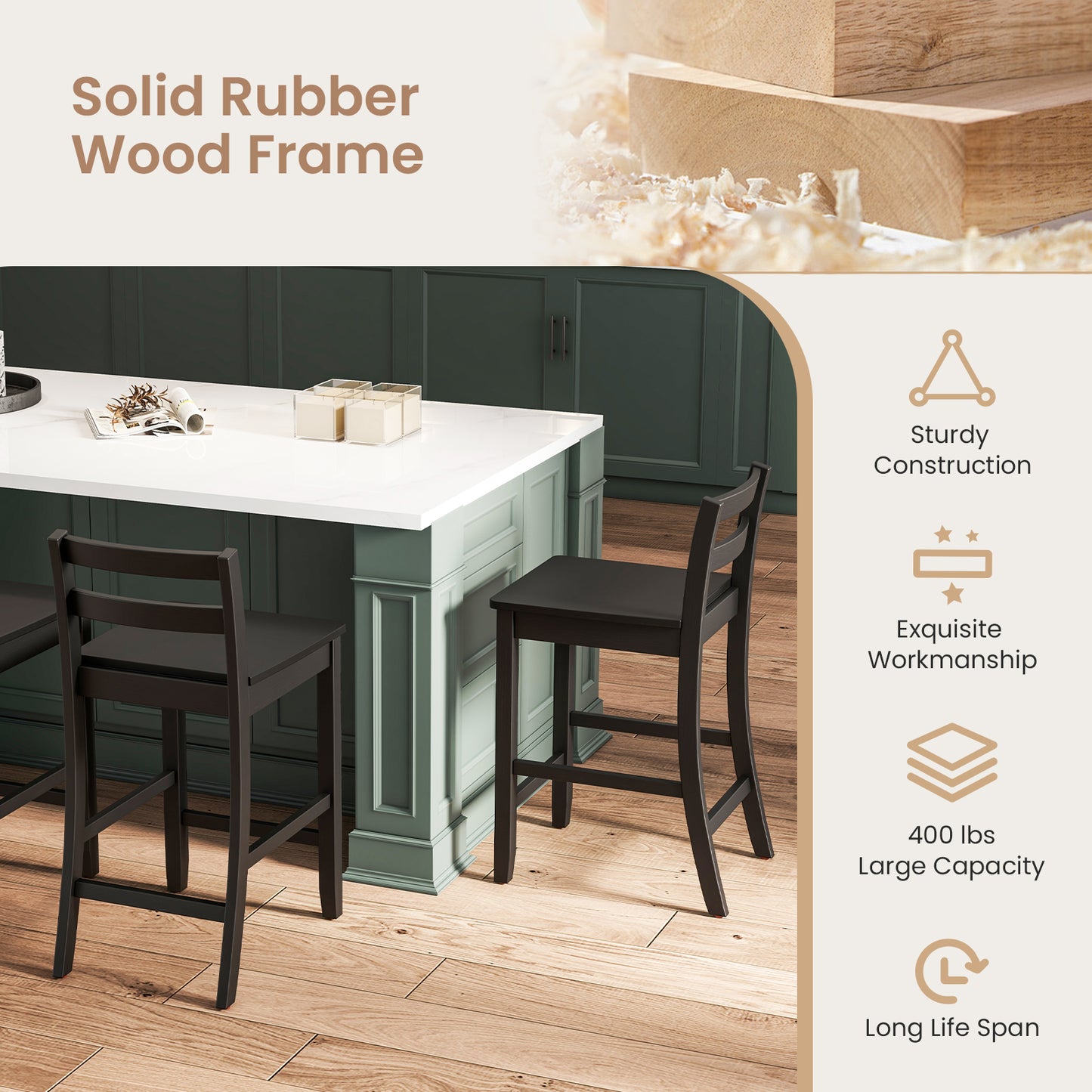 Set of 2 Wooden Bar Stools with Curved Backrest and Footrest in Black Finish