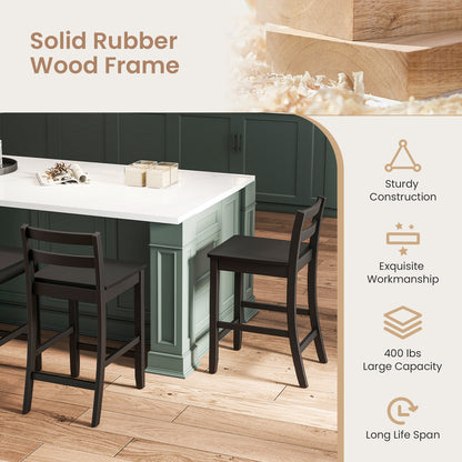 Set of 2 Wooden Bar Stools with Curved Backrest and Footrest in Black Finish