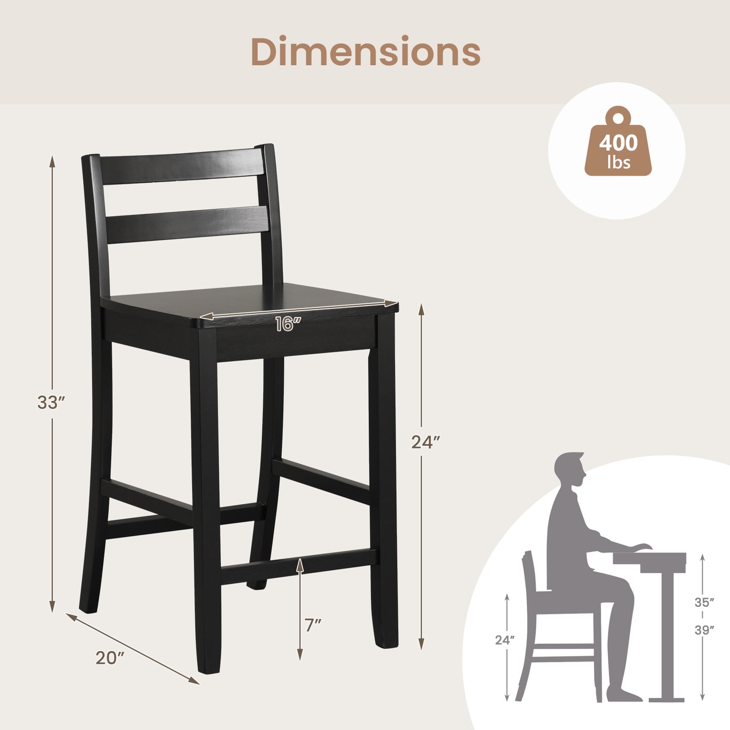 Set of 2 Wooden Bar Stools with Curved Backrest and Footrest in Black Finish