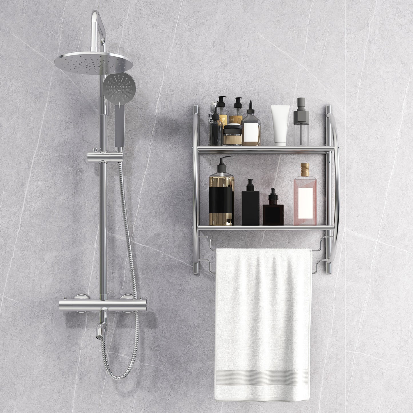 Wall-Mounted 2 Tier Towel Rack with 2 Hanging Bars for Bathroom Storage